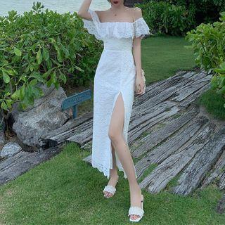 Short-sleeve Off Shoulder Midi Lace Dress