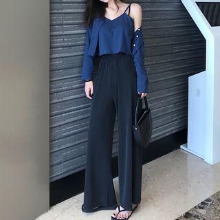 Plain Buttoned Jacket With Camo Top / Wide Leg Pants