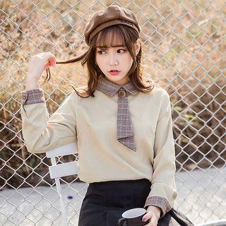 Long-sleeve Plaid-trim Top