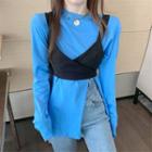 Long-sleeve Slit T-shirt / Cropped Camisole Top