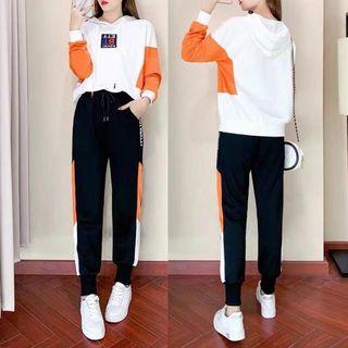 Set: Embroidered Color Block Hoodie + Color Block Cropped Harem Pants