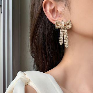Rhinestone Bow Dangle Earring 1 Pair - Rhinestone - Silver - Bow - Gold - One Size