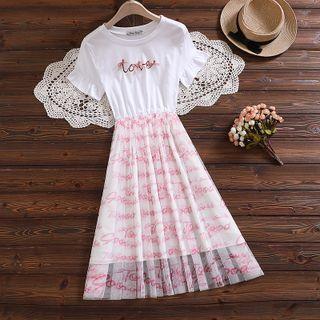 Short-sleeve Lettering Mesh Panel Midi A-line Dress