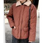 Fur-collar Loose-fit Quilted Jacket Brown - One Size