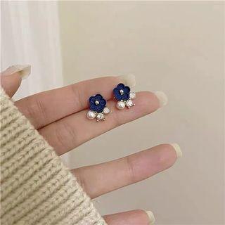 Flower Faux Pearl Rhinestone Alloy Earring C33-1 - 1 Pair - Blue - One Size