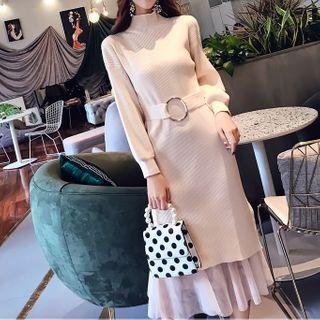 Set: Mock Neck Knit Dress + Sheer Panel Midi Skirt