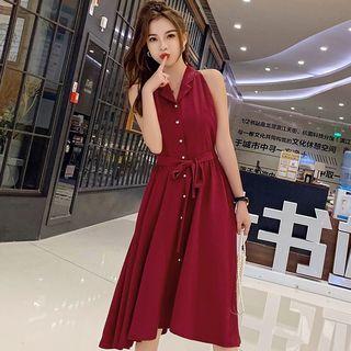 Sleeveless Collared Single-breasted Tie-waist A-line Dress