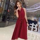 Sleeveless Collared Single-breasted Tie-waist A-line Dress