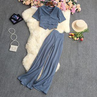 Set: Short-sleeve V-neck Crop Blouse + High Waist Wide Leg Pants + Camisole Top