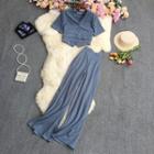 Set: Short-sleeve V-neck Crop Blouse + High Waist Wide Leg Pants + Camisole Top