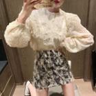 Set: Long-sleeve Ruffle Lace Blouse + Tweed Mini Fitted Skirt