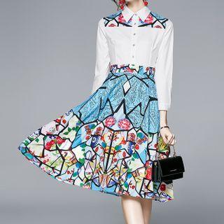 3/4-sleeve Floral Print Midi A-line Shirt Dress