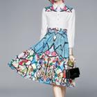3/4-sleeve Floral Print Midi A-line Shirt Dress