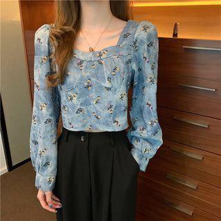 Long-sleeve Square-neck Denim Cropped Top Shirt - One Size