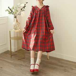 Frilled Plaid Midi Peasant Dress