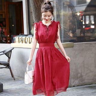 Ruffle Trim Sleeveless Midi A-line Silk Dress