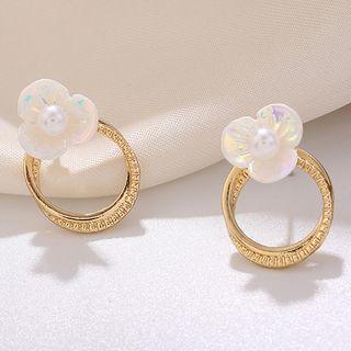 Faux Pearl Flower Earring 1 Pair - 925 Silver Needle Earrings - One Size