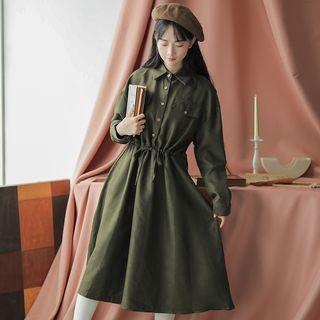 Corduroy Long-sleeve Collared Gathered-waist Dress