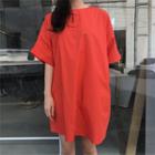 Crew-neck Elbow-sleeve T-shirt Dress Tangerine Red - One Size