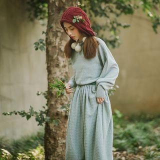 Long-sleeve Knit Midi A-line Dress Green - One Size