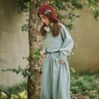 Long-sleeve Knit Midi A-line Dress Green - One Size