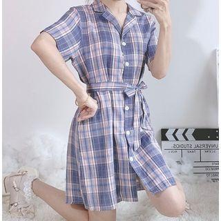 Plaid Short-sleeve Shirt Dress Purple - One Size