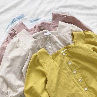 Plain Linen Puff-sleeve Cropped Top
