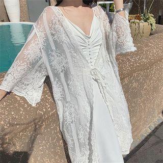 Spaghetti Strap Shirred Midi A-line Dress / Lace Tie-front Jacket