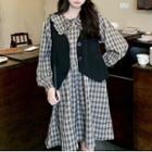 Long-sleeve Plaid Collared Dress / Single-breasted Vest