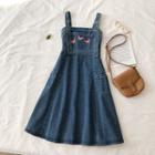 Butterfly Embroidered Denim A-line Pinafore Dress
