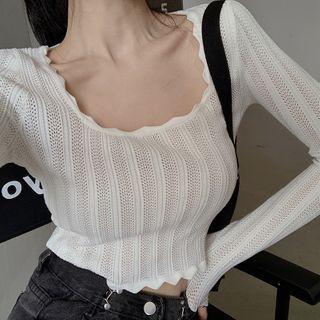 Long-sleeve Pointelle Knit Cropped Top