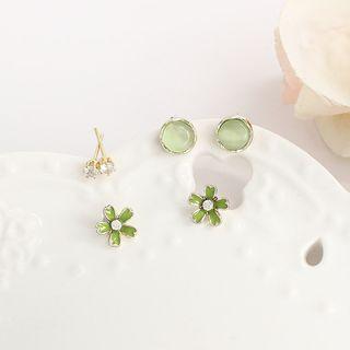 3 Pair Set: Rhinestone / Flower / Faux Gemstone Alloy Earring (various Designs)