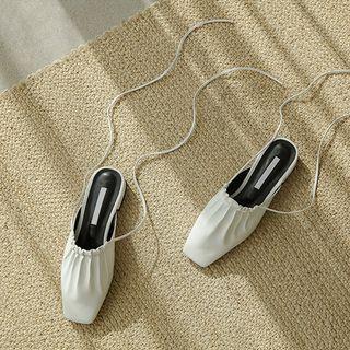 Square-toe Tie-ankle Shirred Mules