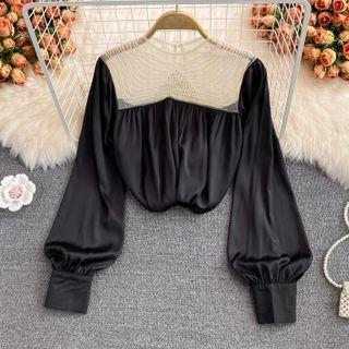 Long Sleeve Mesh Panel Beaded Blouse