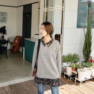 Floral-collar Layered-hem Sweater