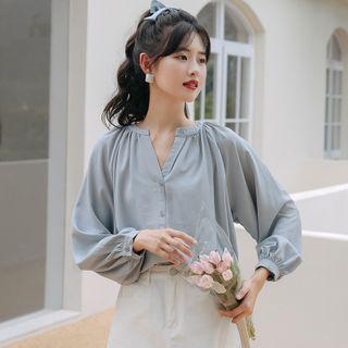 Long-sleeve Plain Blouse Airy Blue - One Size