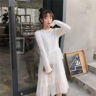 Long-sleeve Glitter Layered Mesh Midi Dress White - One Size