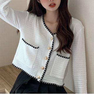 Contrast Trim Long-sleeve Knit Cardigan / Short-sleeve Knit Cardigan