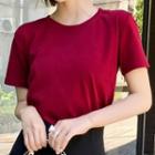 Short-sleeve Plain T-shirt Wine Red - One Size