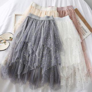Star-sequined Asymmetric Mesh A-line Skirt
