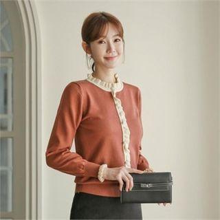 Faux-pearl Button Frilled Cardigan