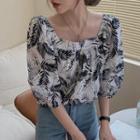 Square-neck Printed Puff-sleeve Top As Shown In Figure - One Size