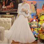 Set: Puff-sleeve Collar Top + Midi A-line Skirt