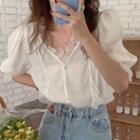 Puff-sleeve V-neck Lace Trim Blouse White - One Size