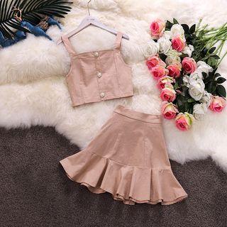 Set: Faux Pearl Cropped Camisole Top + Ruffle Hem Mini A-line Skirt