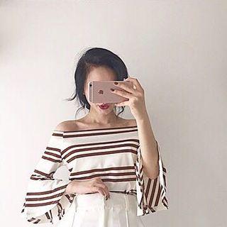 Off Shoulder Ruffle Sleeve Striped Top