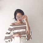 Off Shoulder Ruffle Sleeve Striped Top