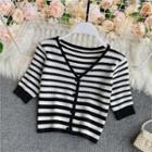 V-neck Color-block Striped Knit Cardigan Stripes - Black & White - One Size