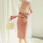 Mock Two-piece Long-sleeve Mock Neck Color Block Sheath Dress