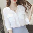 3/4-sleeve Pocketed V-neck Blouse